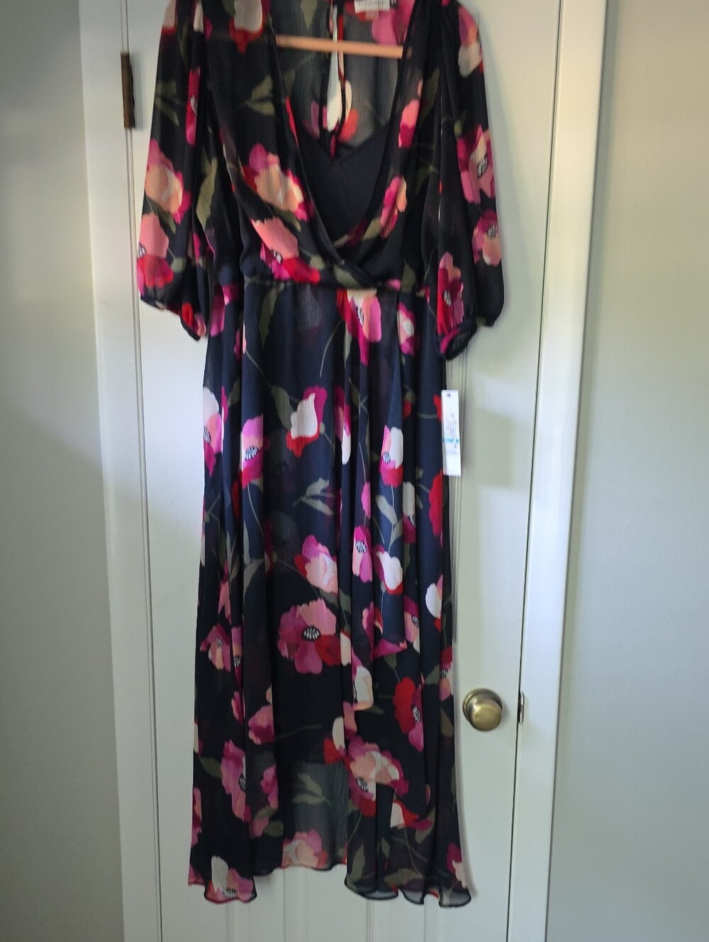 Calvin Klein Black Floral Wrap Maxi Dress with Pink Accents